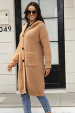 Button Up Long Sleeve Hooded Cardigan with Pockets