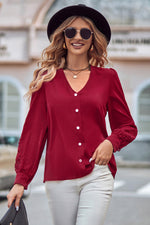 Spliced Lace V-Neck Puff Sleeve Shirt