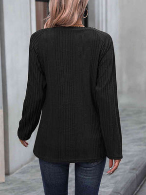 Ribbed Buttoned Round Neck Long Sleeve T-Shirt