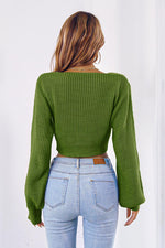 Bow V-Neck Long Sleeve Cropped Sweater