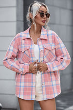 Plaid Pocketed Collared Neck Button Up Jacket