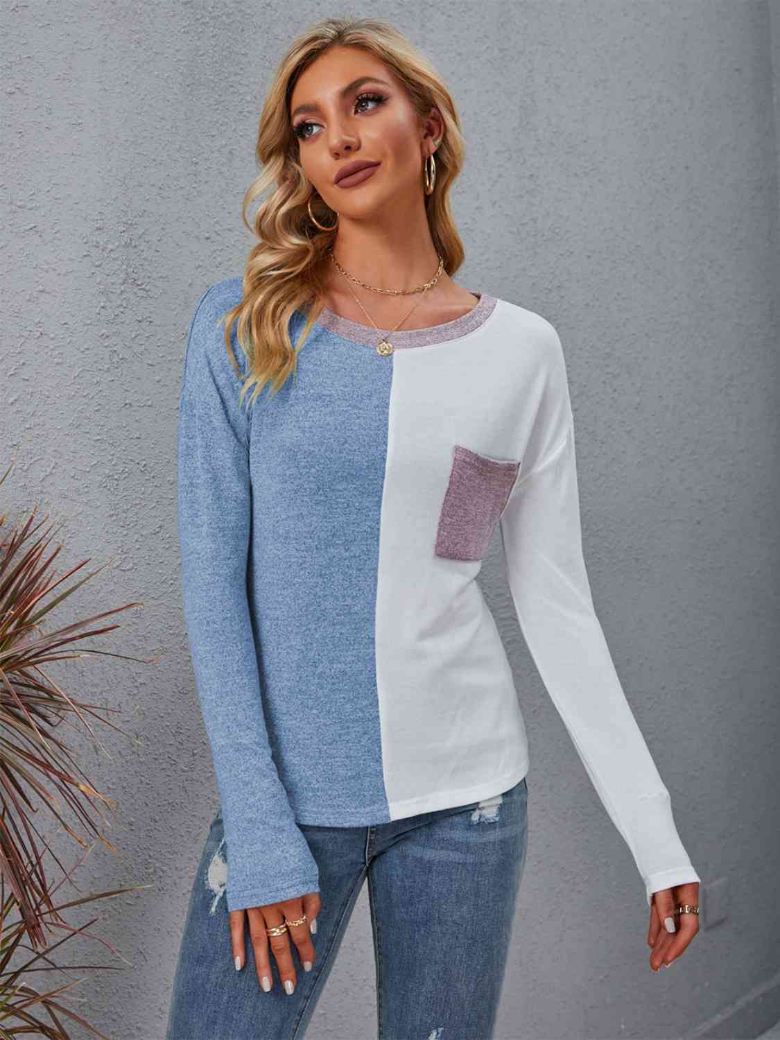 Color Block Round Neck Top with Pocket