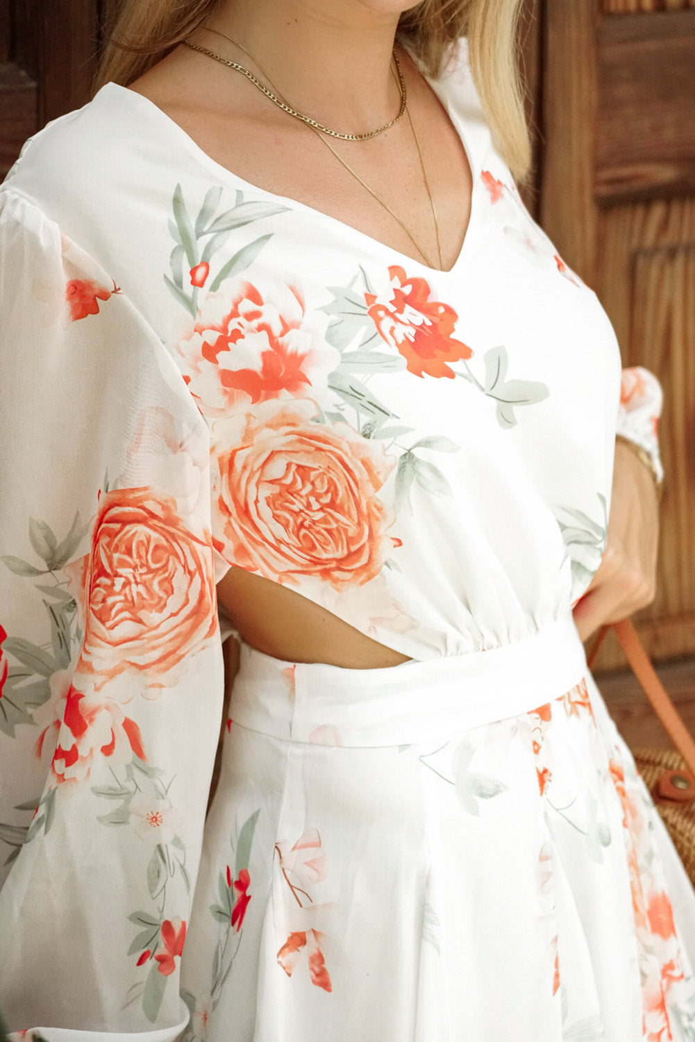Floral Cutout Long Sleeve V-Neck Dress
