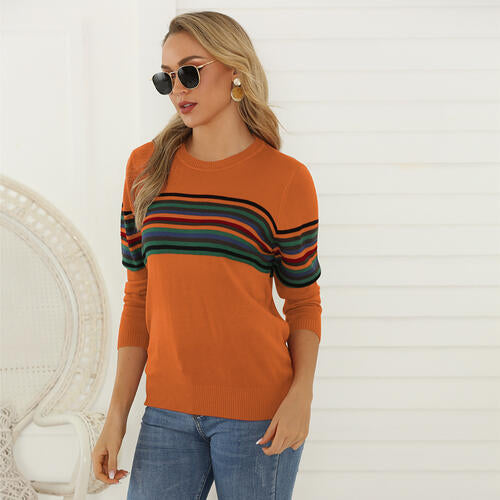Striped Round Neck Long Sleeve Sweater