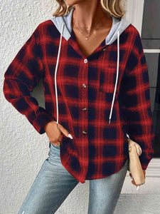 Plaid Drawstring Button Up Hooded Jacket