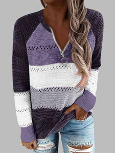 Full Size Color Block Half Zip Sweater