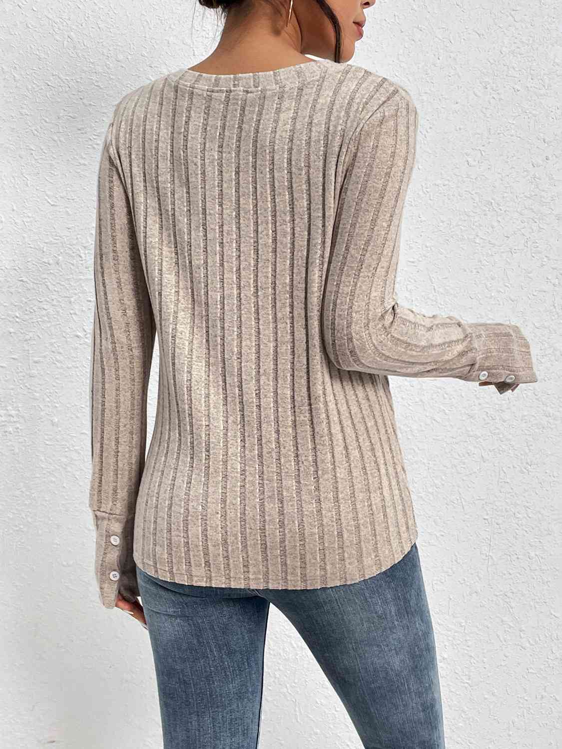Lace Detail Ribbed V-Neck Long Sleeve Top