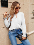 Pleated Notched Neck Flounce Sleeve Blouse