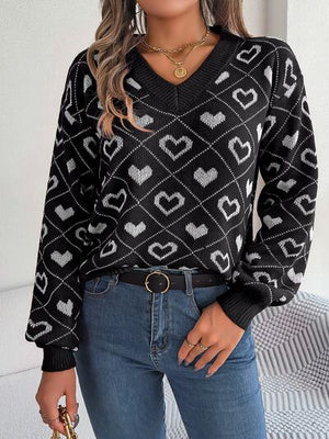 Heart Pattern V-Neck Long Sleeve Sweater