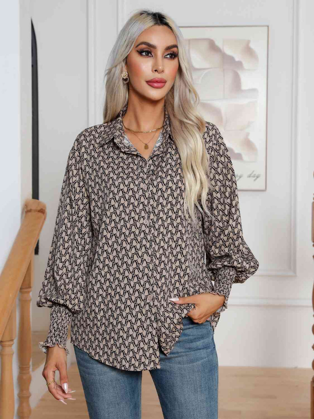 Printed Collared Neck Buttoned Dropped Shouder Shirt