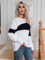 Color Block Cable-Knit Round Neck Sweater