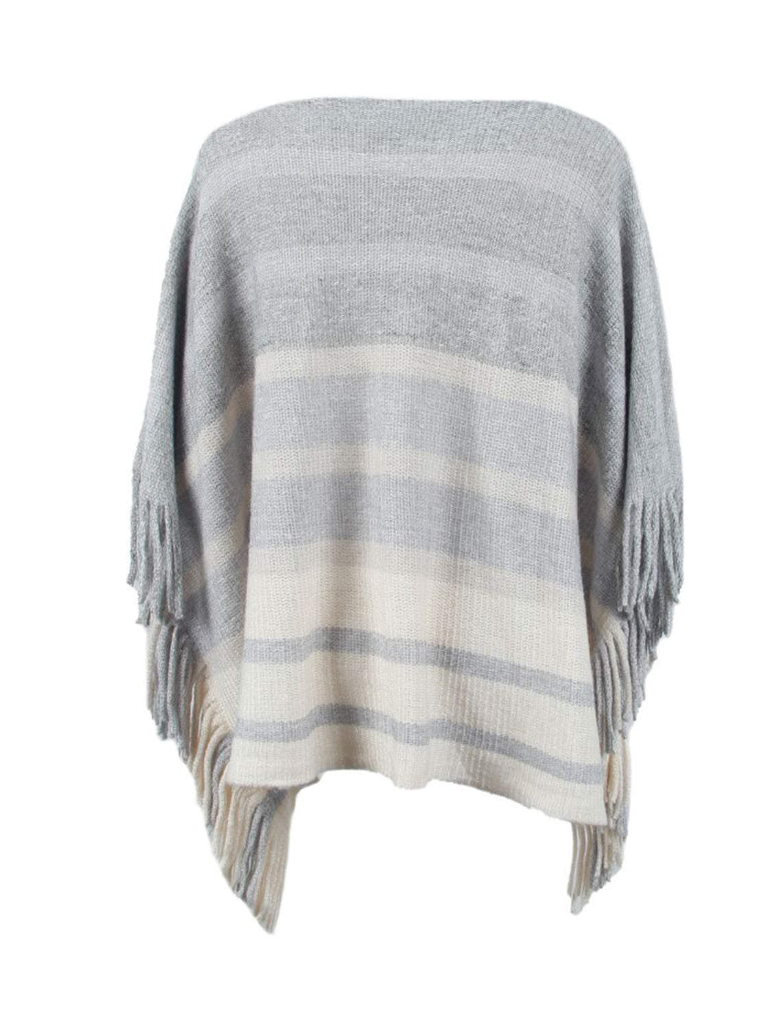 Striped Boat Neck Poncho with Fringes