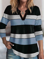 Striped Notched Long Sleeve T-Shirt