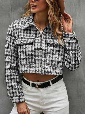 Plaid Button Up Collared Neck Long Sleeve Jacket