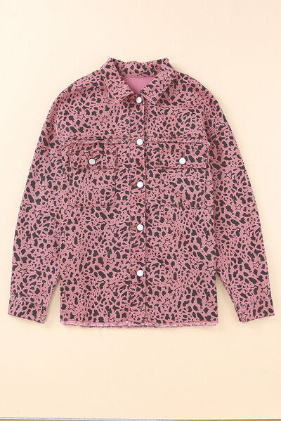 Leopard Raw Hem Button Up Denim Jacket