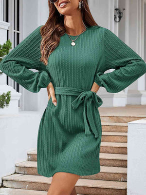 Round Neck Tie Front Long Sleeve Dress